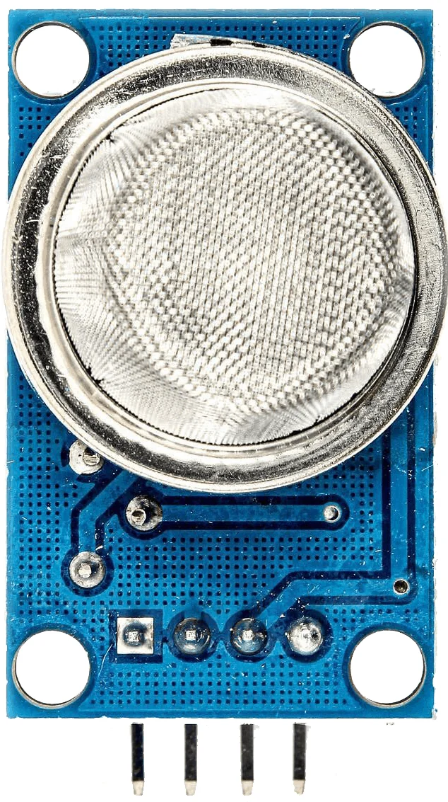 The MQ135 module seen from above, with the metal sensor cap on a blue board