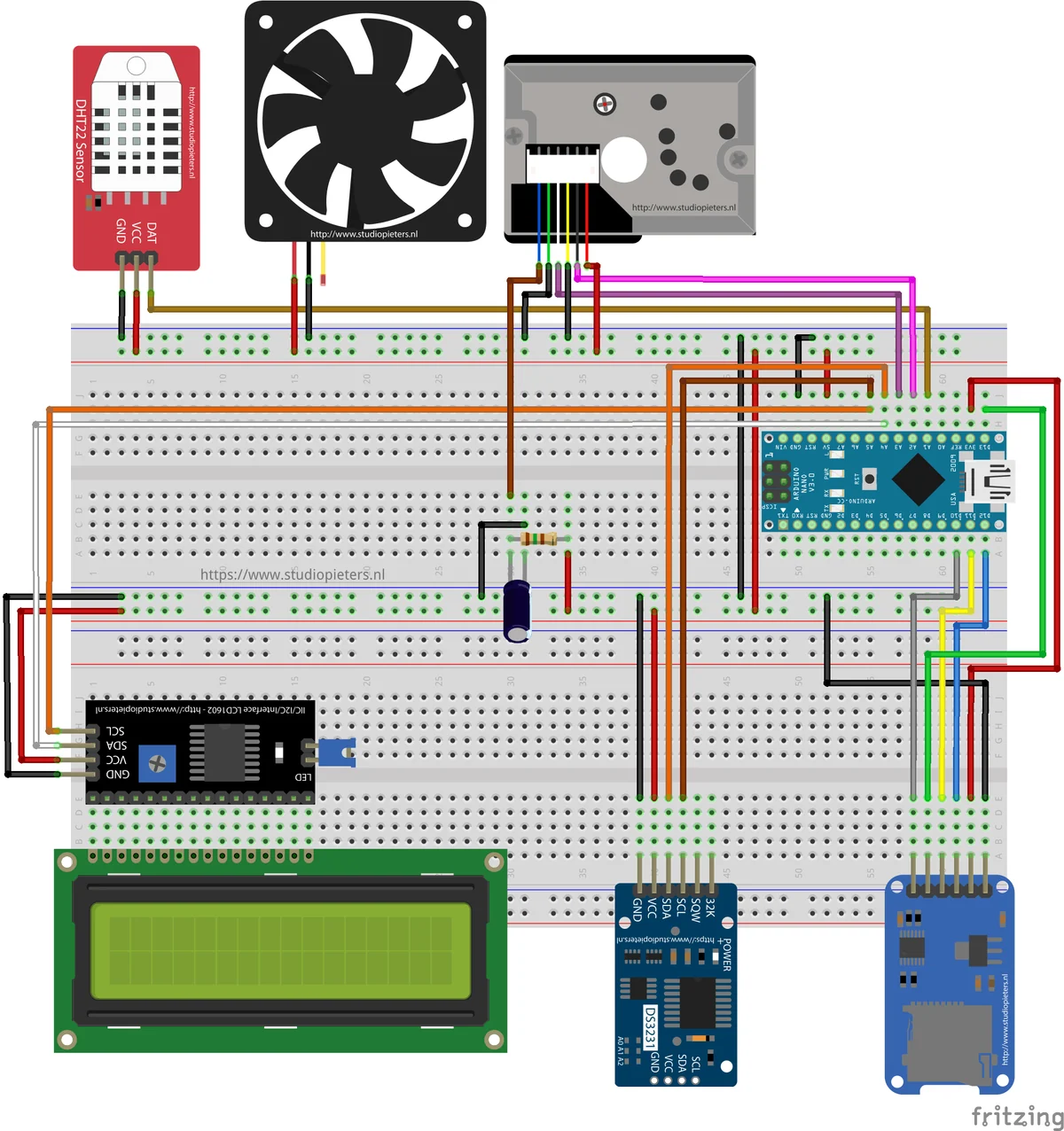Breadboard diagram with an Arduino Nano, a dust sensor with a fan, a DHT22, an I2C LCD, a real-time clock and an SD card module