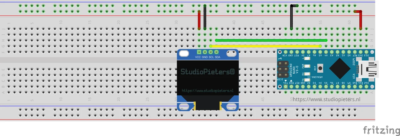 Diagram of an OLED display and an Arduino Nano on a breadboard, connected with power and two data wires