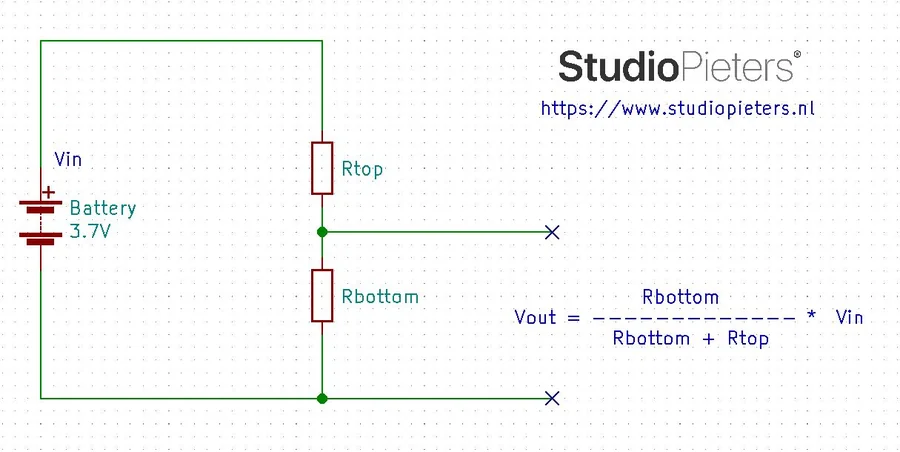 Schematic of a battery and a voltage divider with the resistors Rtop and Rbottom and the formula for the output voltage