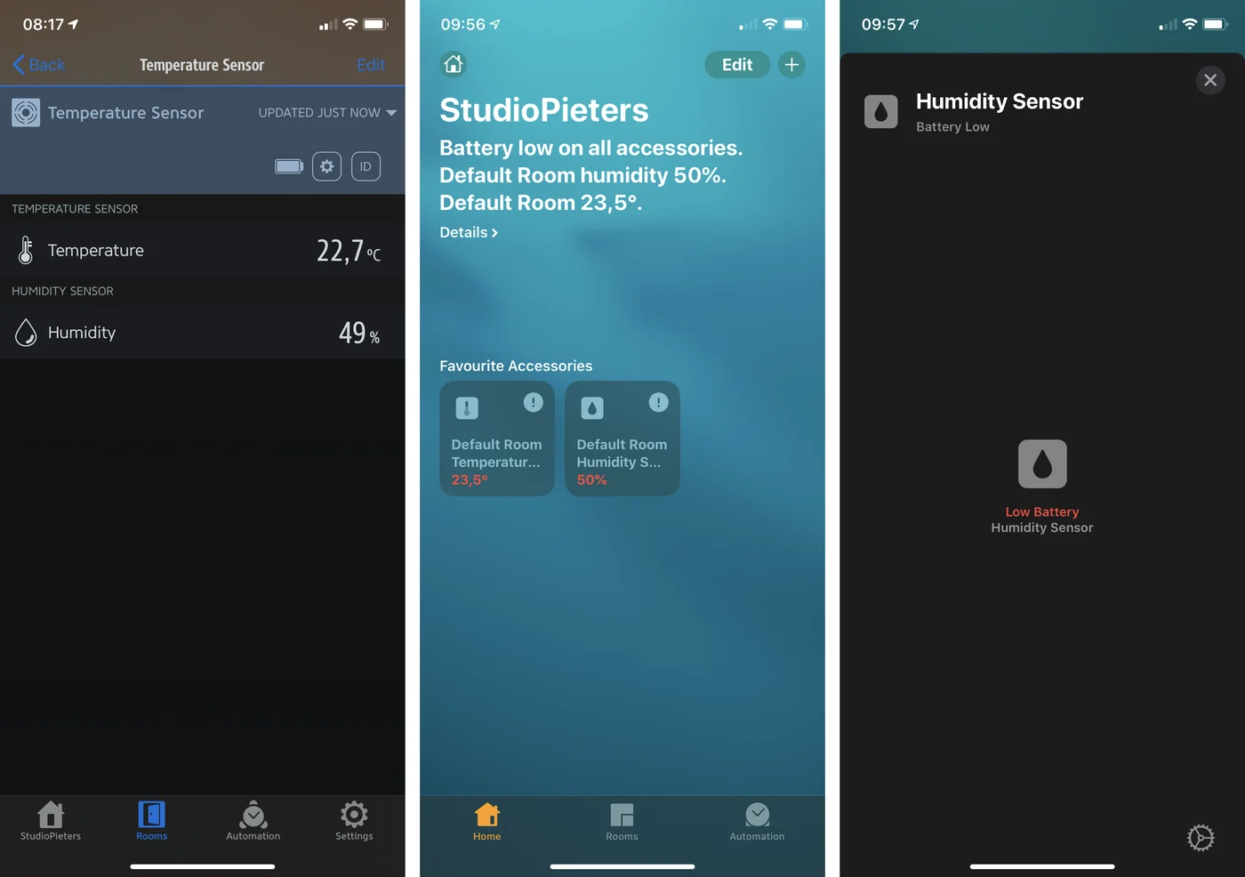 Three phone screenshots: a temperature and humidity sensor in the Eve app, the Home app with a battery low message, and the Humidity Sensor with Battery Low