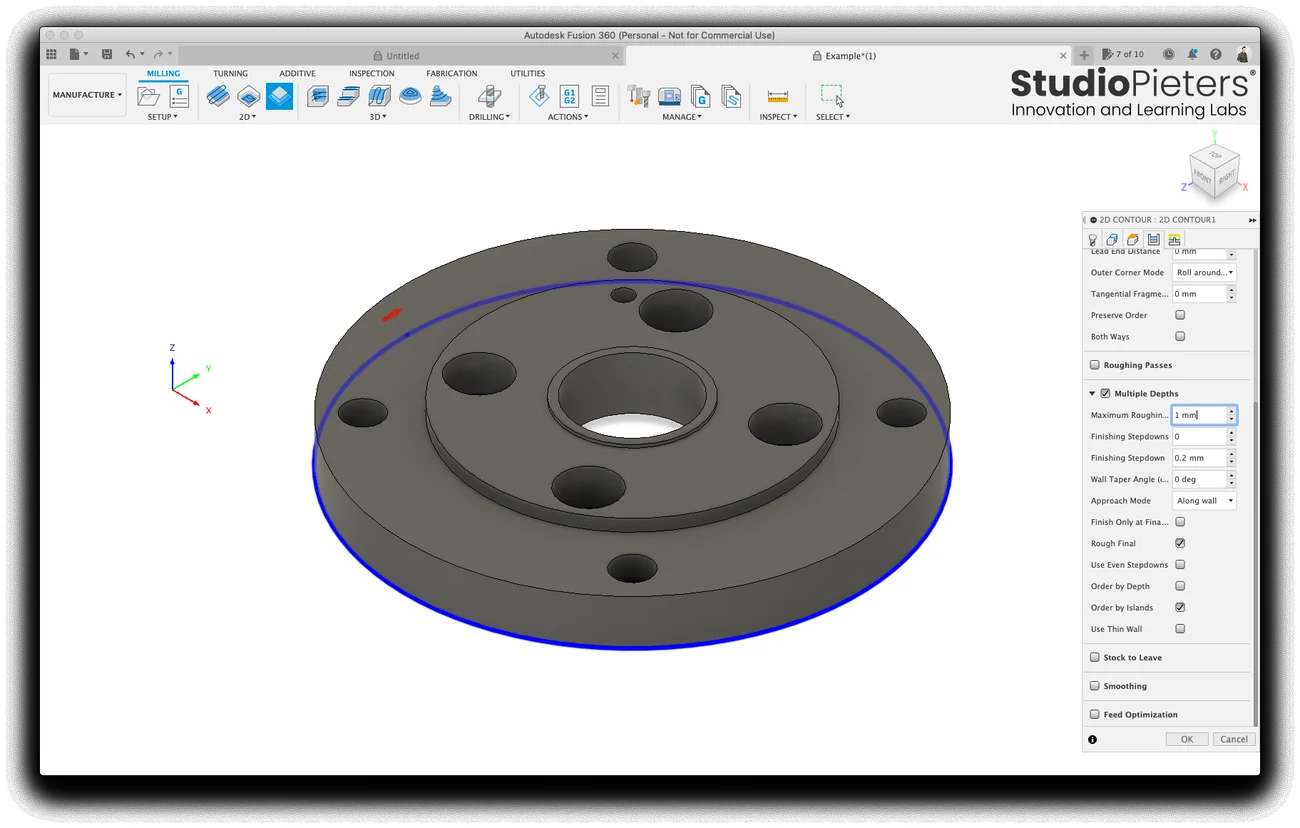 The multiple depths settings of the 2D contour with a maximum roughing stepdown of 1 mm