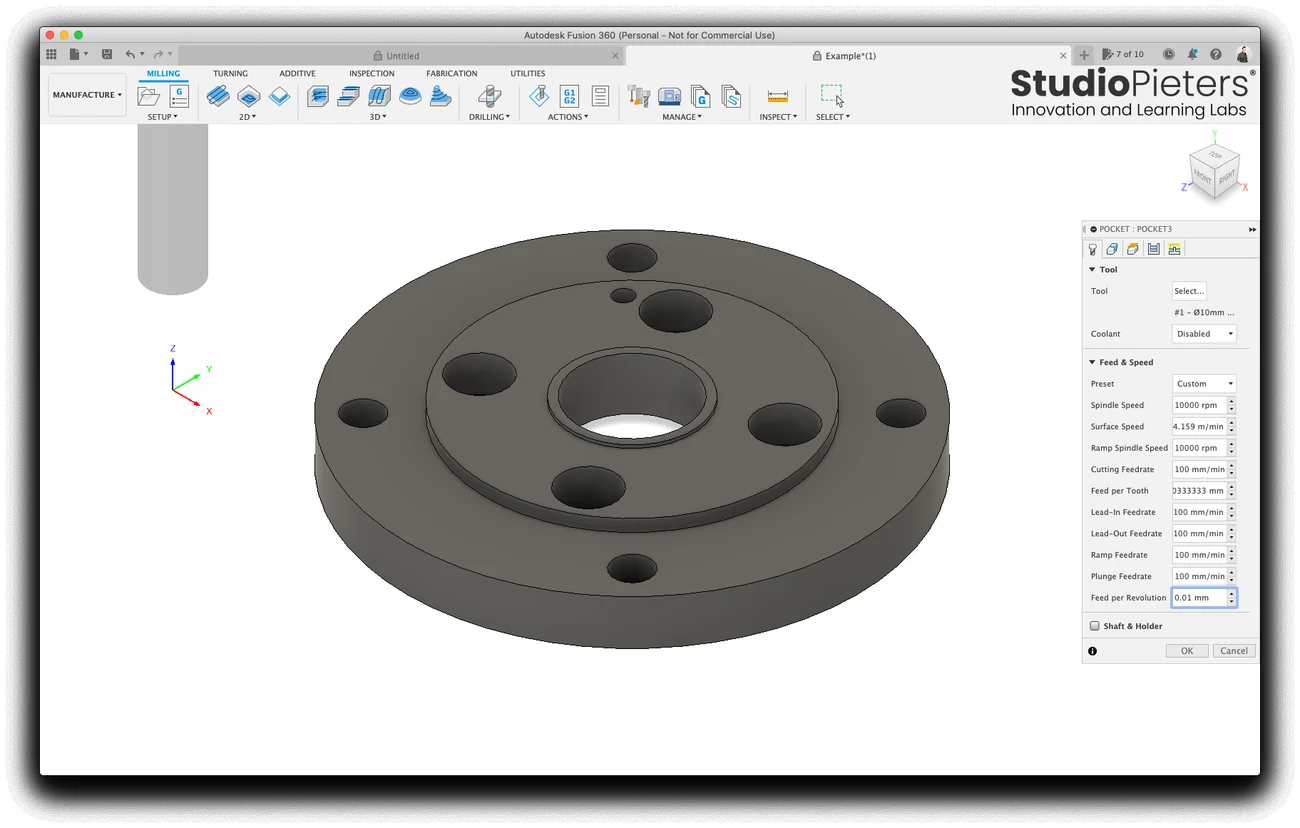 The feed and speed settings with a spindle speed of 10000 rpm and a cutting feedrate of 100 mm/min