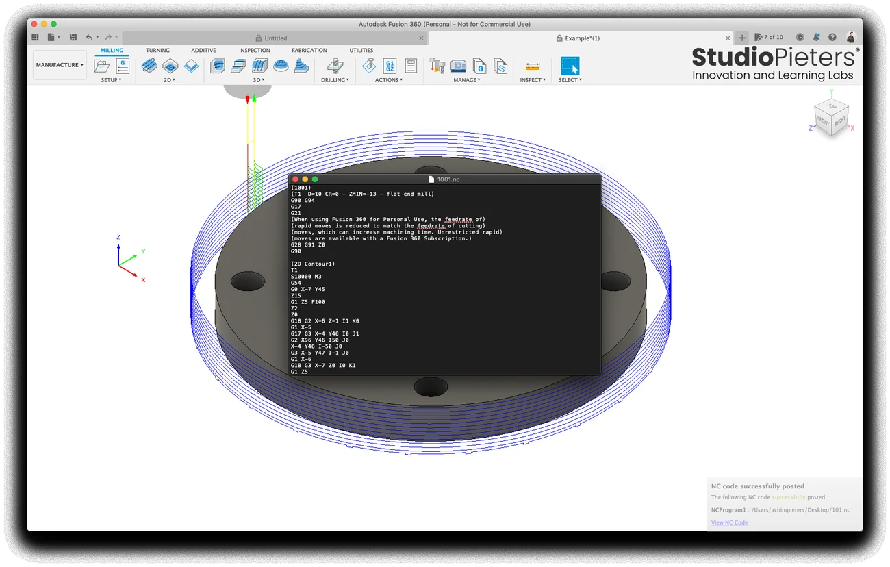 The G-code file that Fusion 360 wrote, with a comment about the personal use limits