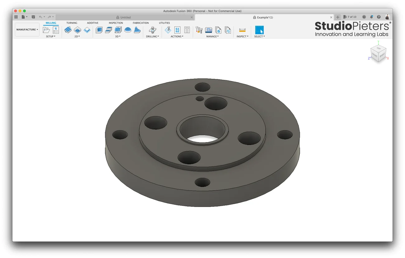 The Manufacture workspace of Fusion 360 with the flange model