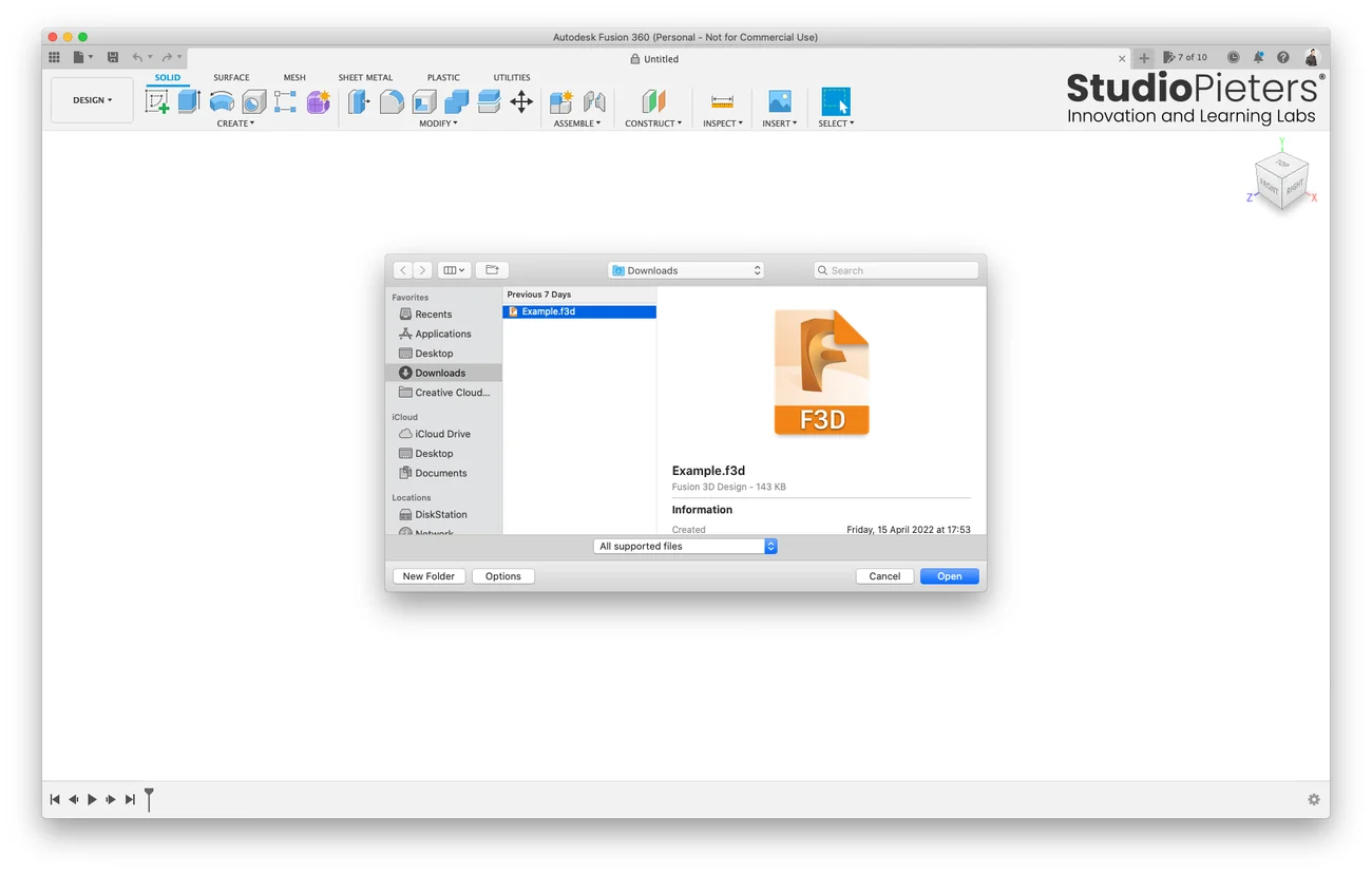 The Open dialog of Fusion 360 with the file Example.f3d selected