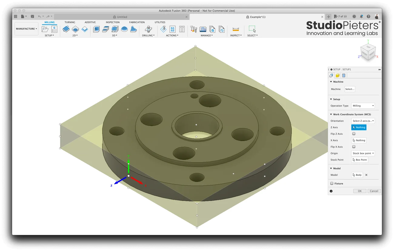 The setup dialog with the work coordinate system, where the Z axis has to be selected