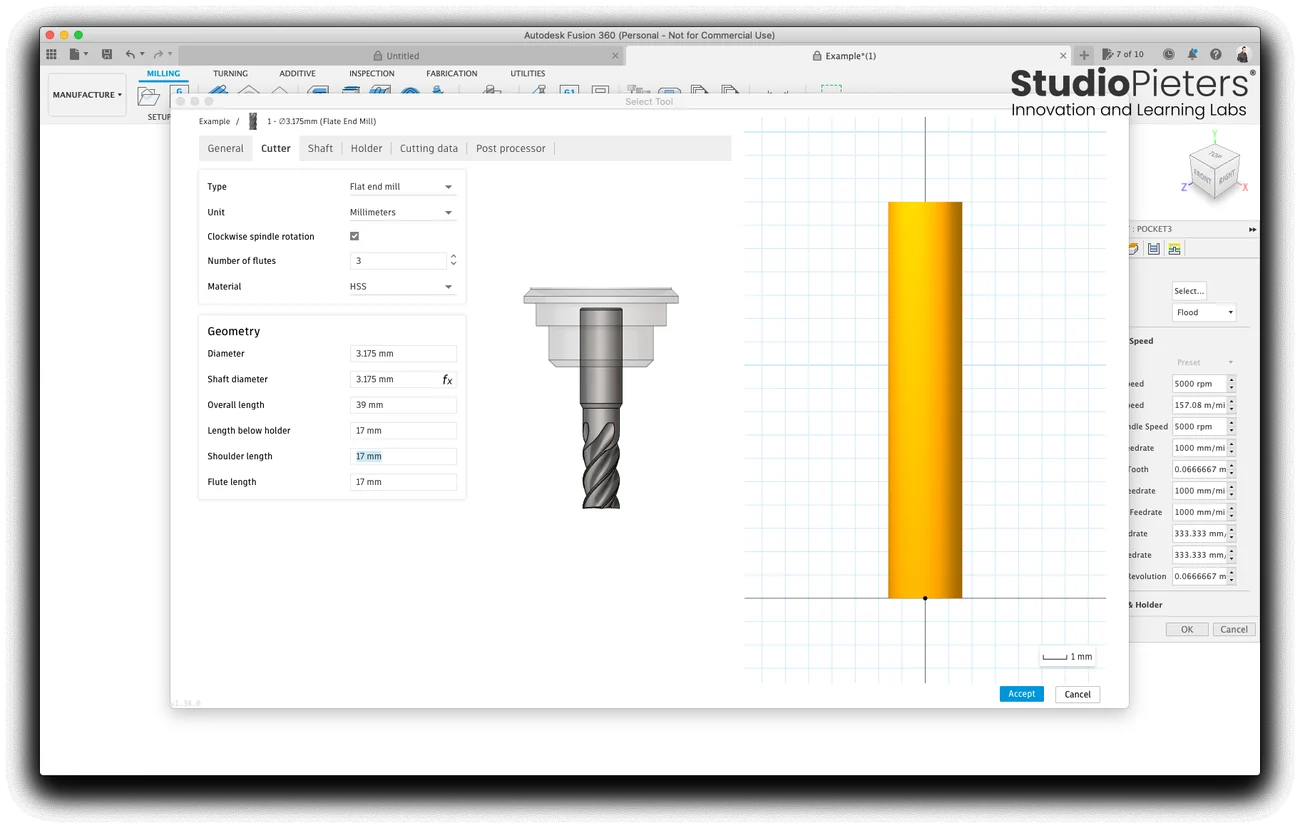 The cutter tab of the tool dialog with a 3.175 mm flat end mill of three flutes