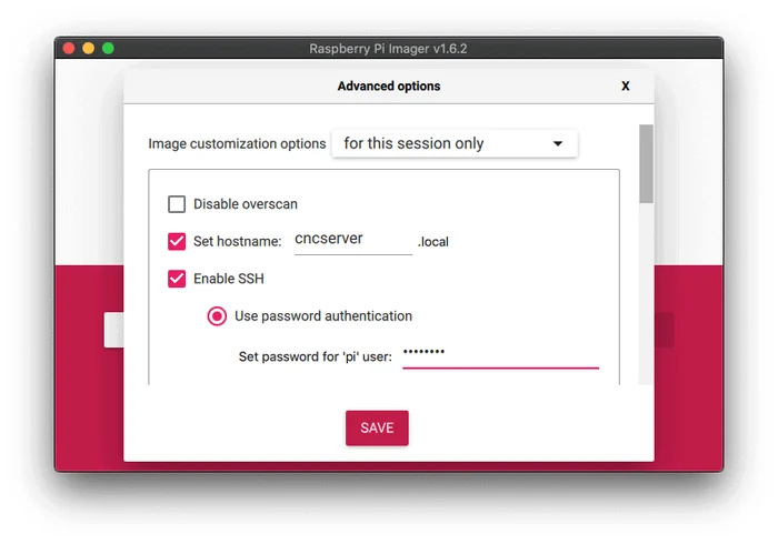 The advanced options with the host name cncserver and SSH enabled
