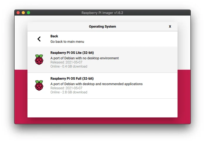 Raspberry Pi Imager with Raspberry Pi OS Lite (32-bit) selected