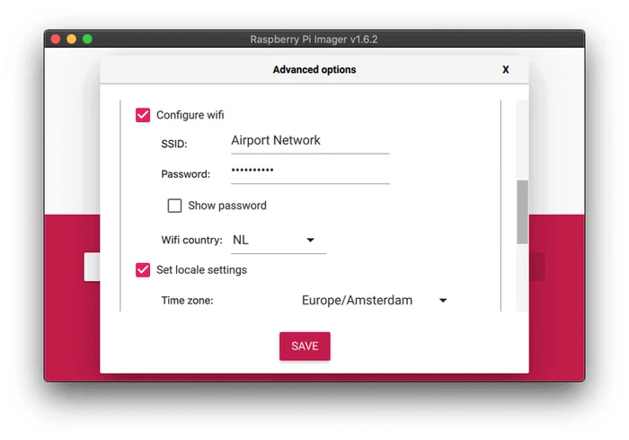 The advanced options with the WiFi settings and the time zone Europe/Amsterdam