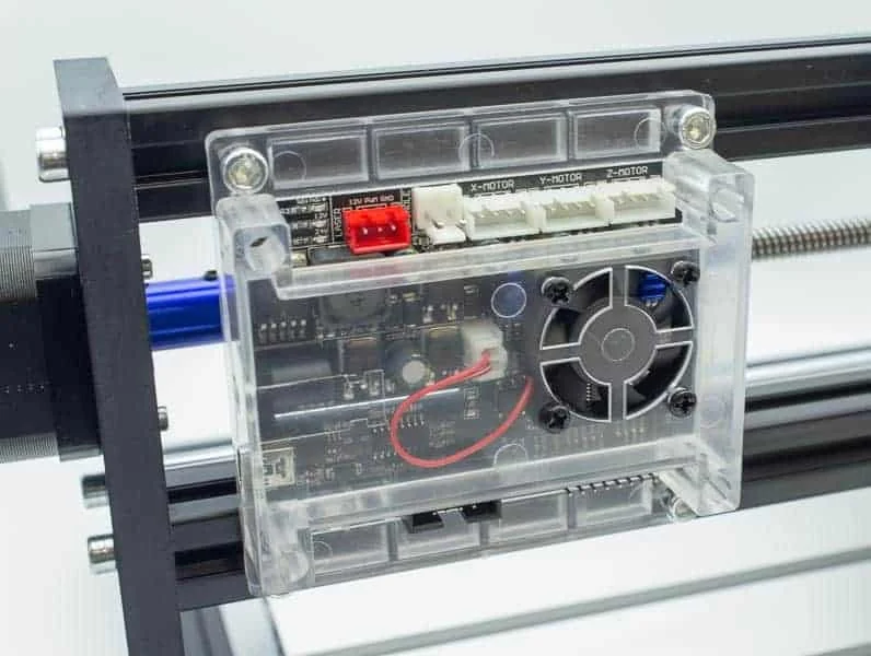 The controller in its case with the connectors X-MOTOR, Y-MOTOR and Z-MOTOR