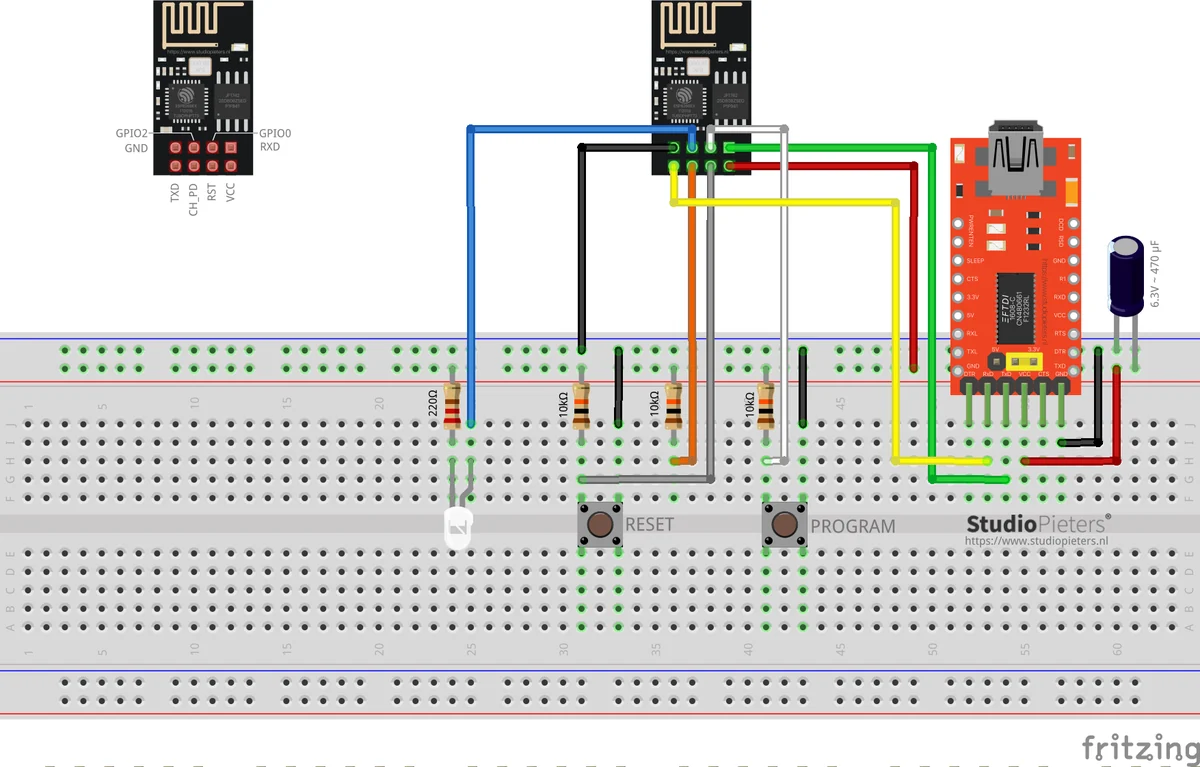 Breadboard diagram with an ESP-01 module, a led, RESET and PROGRAM buttons and an FTDI adapter