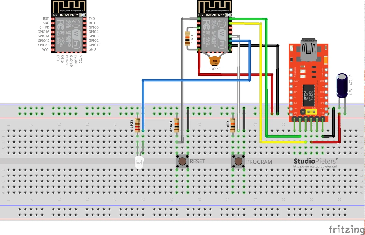 Breadboard diagram with an ESP-12 module, a led, RESET and PROGRAM buttons and an FTDI adapter