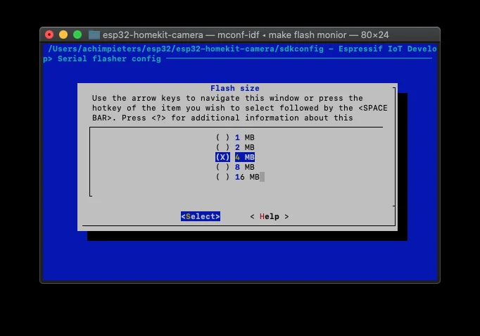The menuconfig flash size menu with 4 MB selected