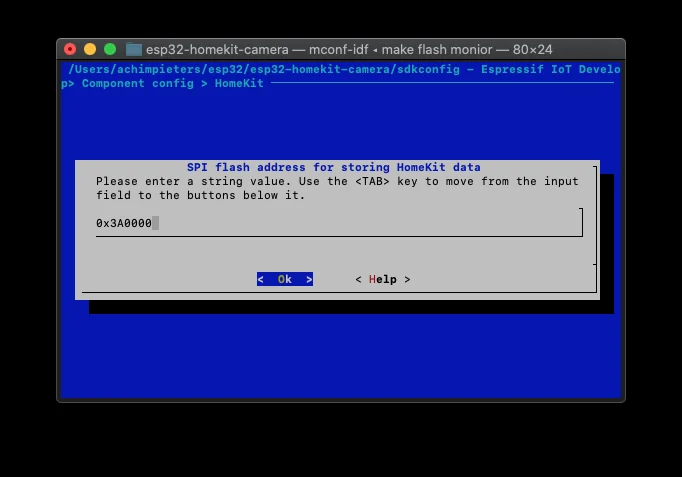The menuconfig dialog for the SPI flash address for storing HomeKit data, set to 0x3A0000
