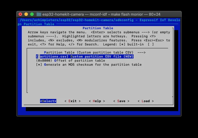 The menuconfig Partition Table menu with a custom partition table CSV file selected