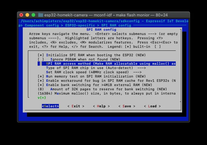 The menuconfig SPI RAM config menu with SPI RAM initialisation enabled