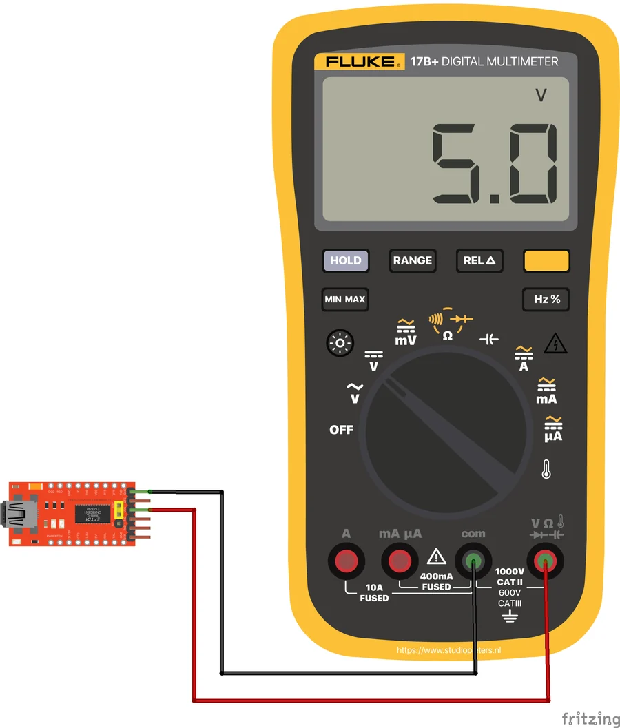 Diagram of an FTDI adapter with its supply pins connected to a multimeter that reads 5.0 V