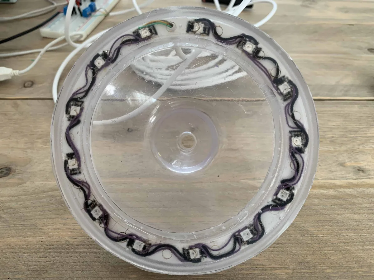 The LED ring lying in the clear plastic dish of the water feature