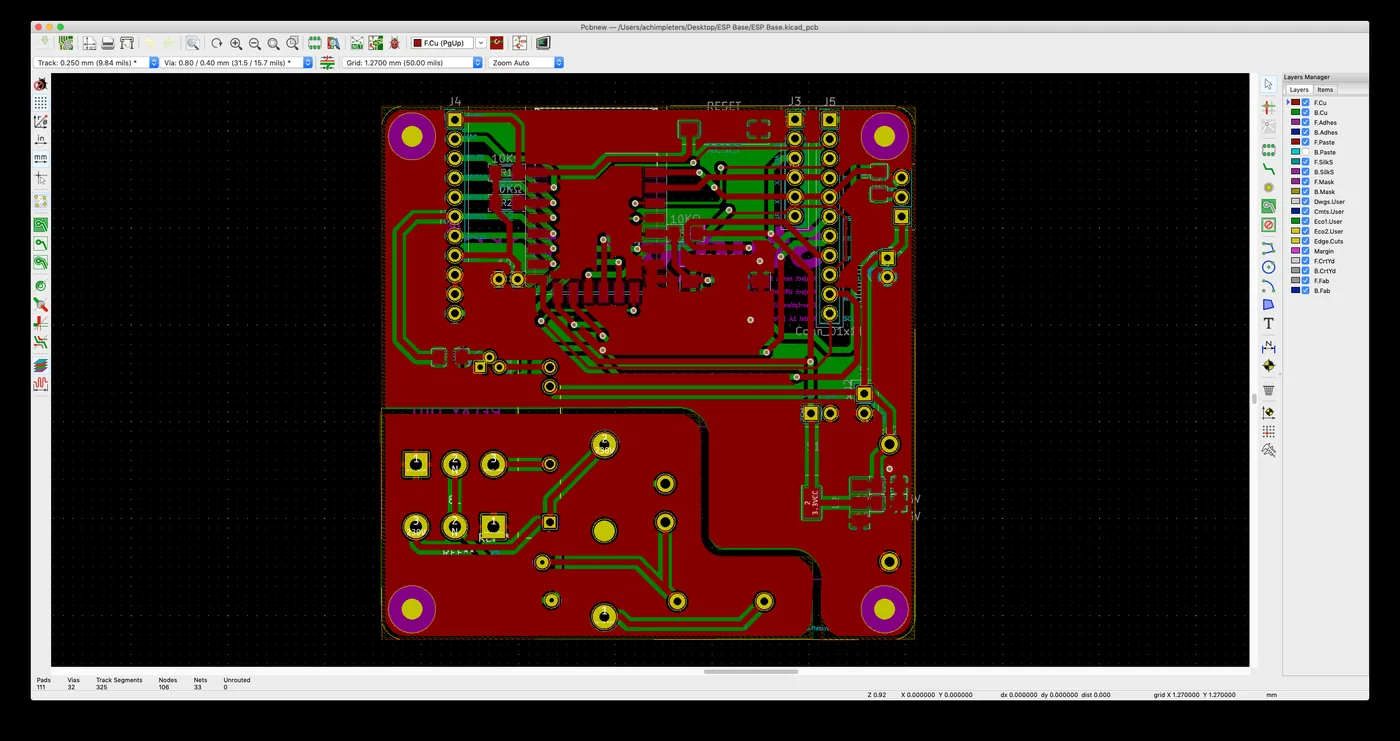The KiCad board layout of the fountain controller board