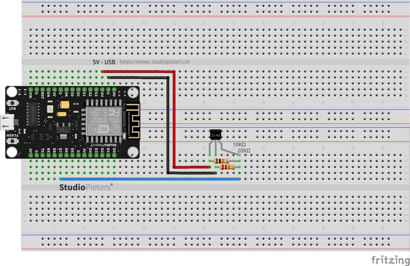 Breadboard diagram: a NodeMCU board powered from 5 volts over USB, with an A3144 Hall sensor and two resistors, and a blue wire from the sensor output to pin D7