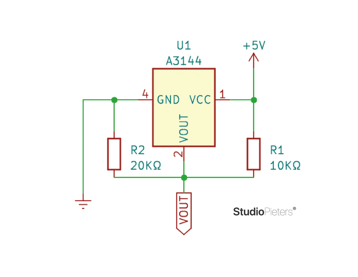 Circuit diagram: an A3144 Hall sensor powered from 5 volts, with a 10 kilohm resistor from the supply to the output and a 20 kilohm resistor from the output to ground