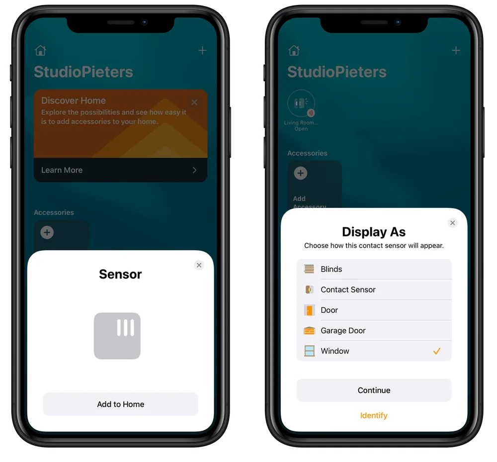 Two Home app screenshots: adding the sensor to the home, and the Display As list with blinds, contact sensor, door, garage door and window