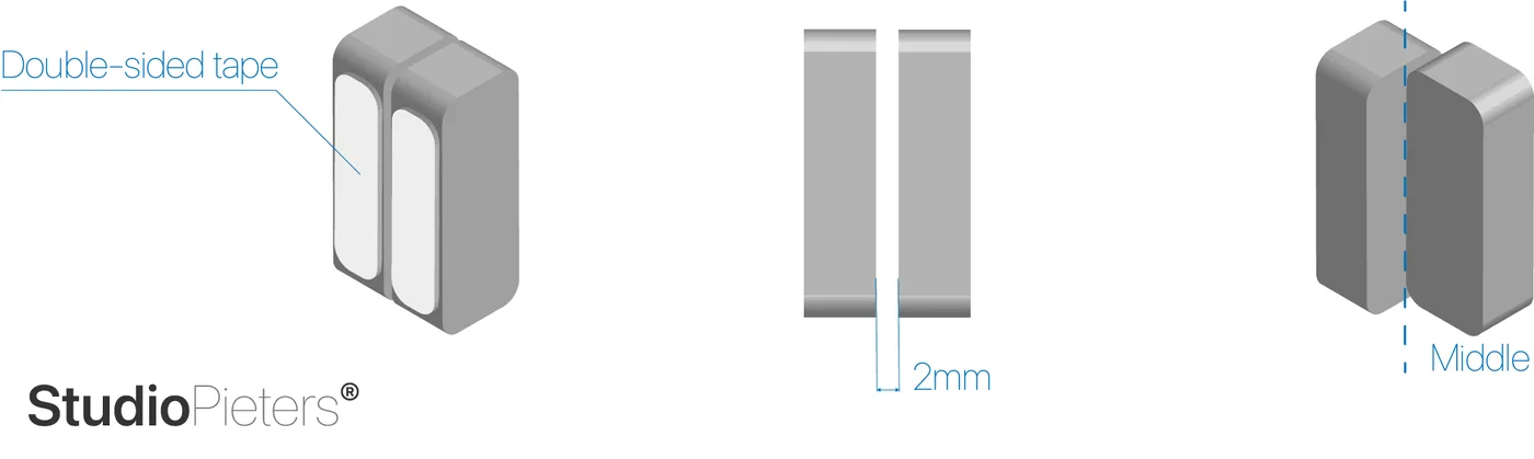 How to apply: two housings stuck with double-sided tape on a frame, with a 2 millimetre gap between them