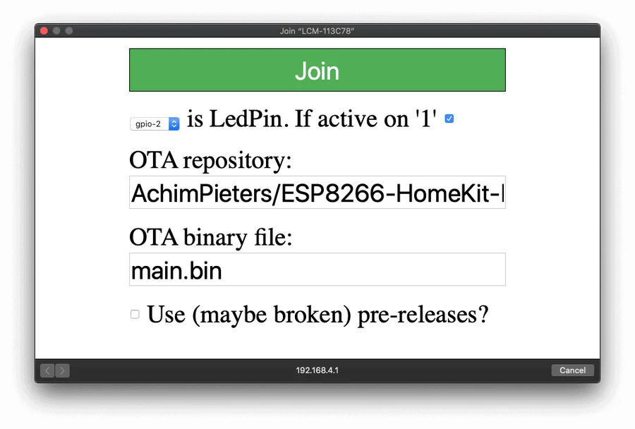 The Life Cycle Manager 2 portal with a Join button, an LED pin setting, and fields for the OTA repository and the OTA binary file