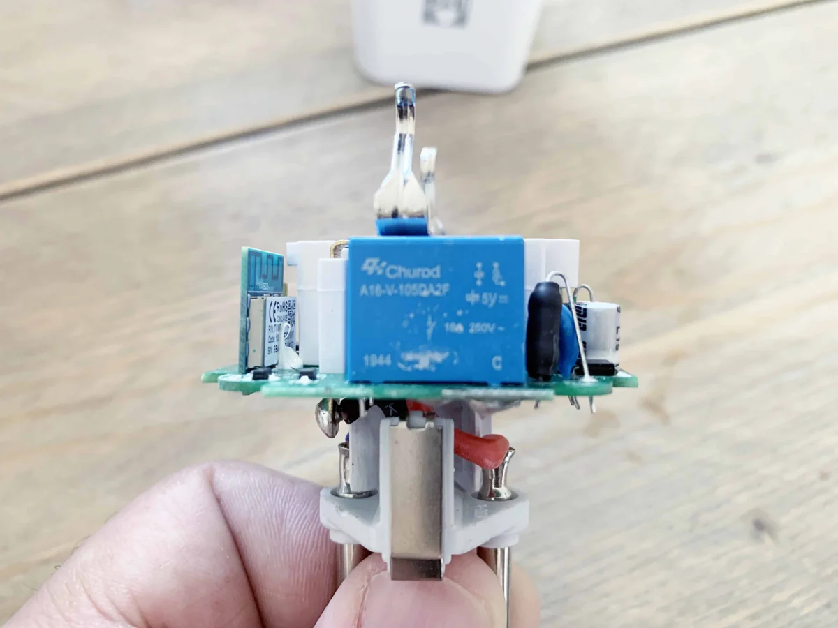 Side view of the board with the blue relay on top of the board