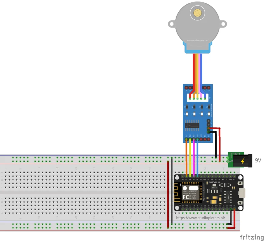Diagram of a NodeMCU with a stepper motor driver board and a 28BYJ-48 stepper motor