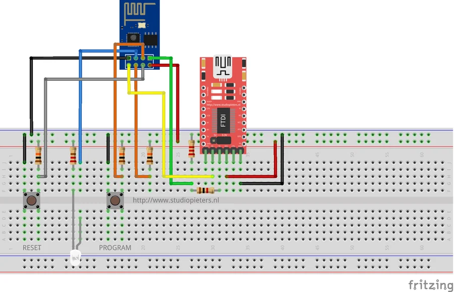 Diagram of an ESP-01 module with an FTDI adapter, RESET and PROGRAM buttons and resistors