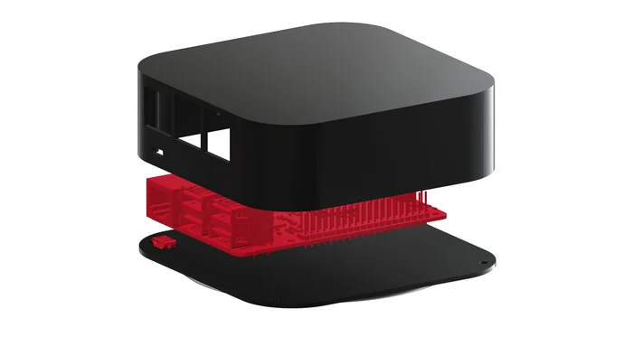 An exploded render with the top part, a red board model and the bottom part