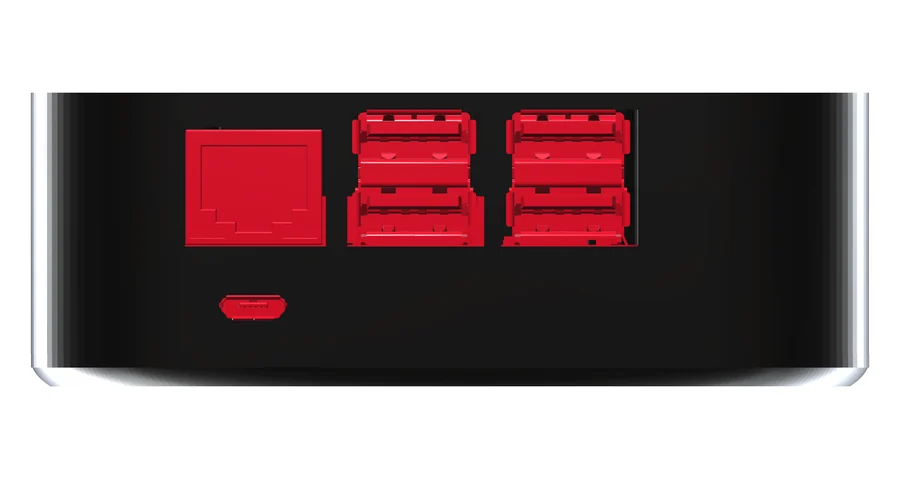 A render of the side of the case with the openings for the network port, the USB ports and the power connector