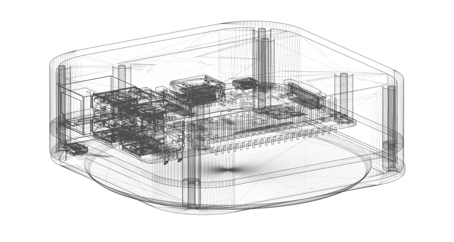 A see-through render of the case with the board inside