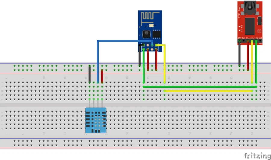 Diagram of an ESP-01 with a DHT11 sensor and an FTDI adapter on a breadboard