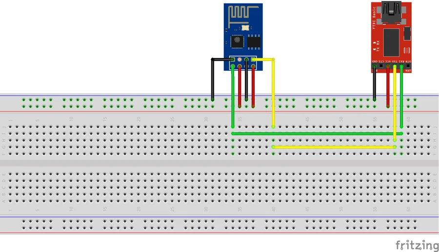 Diagram of an ESP-01 with an FTDI adapter on a breadboard