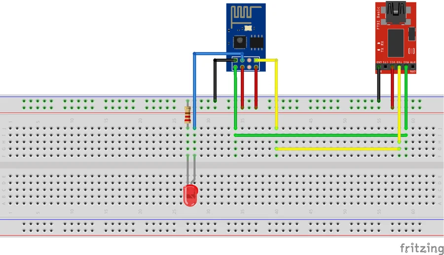 Diagram of an ESP-01 with an FTDI adapter and a led with a resistor