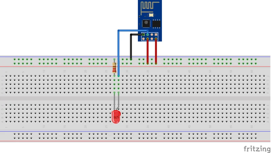 Diagram of an ESP-01 with a led and a resistor, without the FTDI adapter