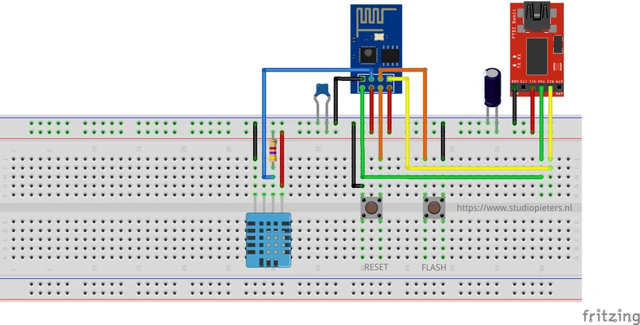 Diagram of an ESP-01 with a DHT11 sensor, a resistor and an FTDI adapter on a breadboard