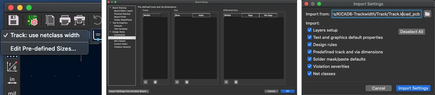 Three KiCad screenshots: the track width menu with Edit Pre-defined Sizes, the Board Setup window with the pre-defined track and via dimensions, and the Import Settings dialog