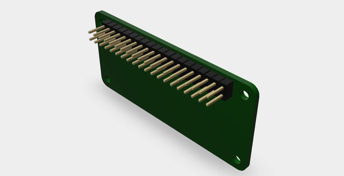 3D render of the Raspberry Pi Zero W HAT template: a green board with four mounting holes and a 40-pin header