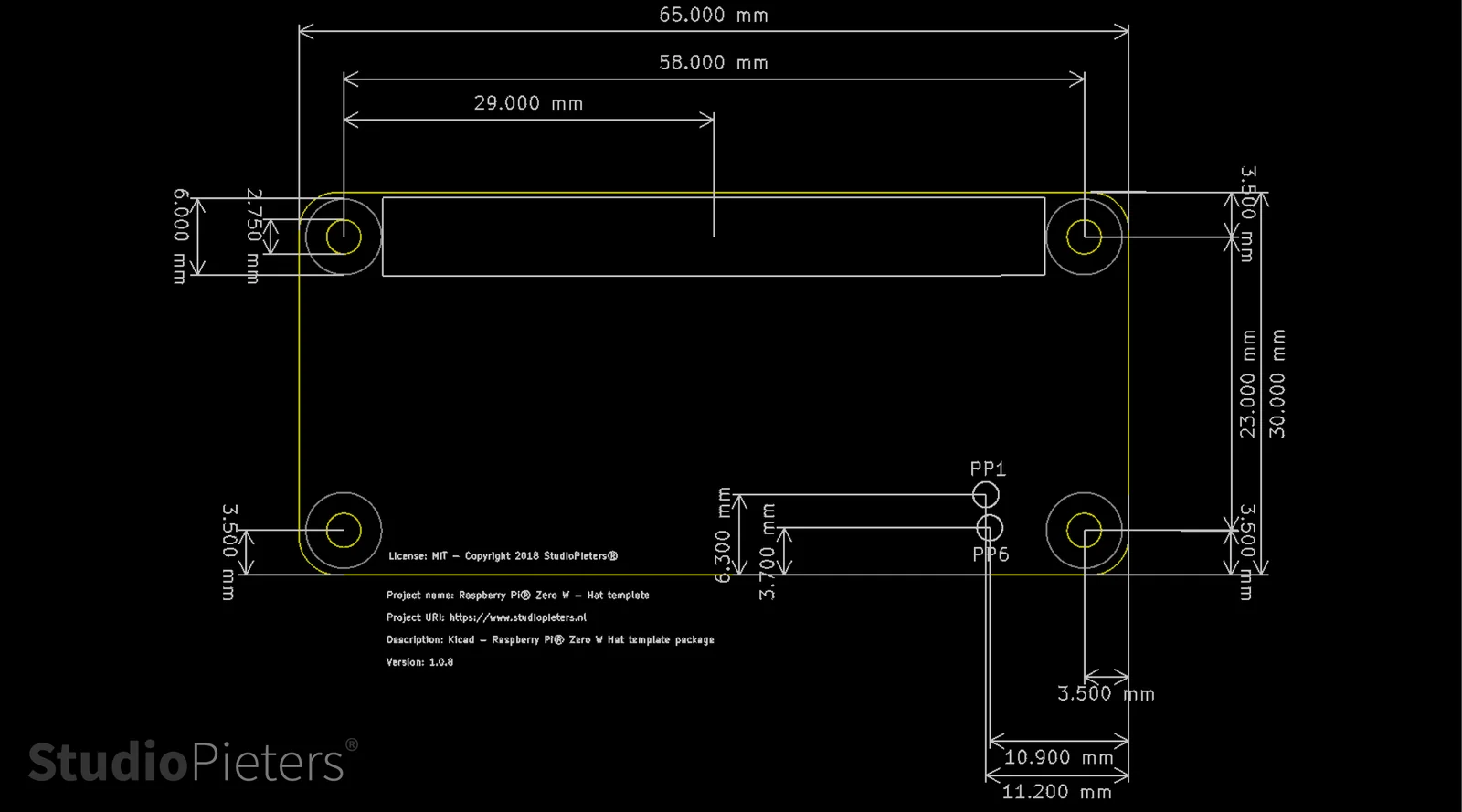 KiCad board drawing of the Raspberry Pi Zero W HAT template with a 65 by 30 millimetre outline, four mounting holes, the 40-pin header and the PP1 and PP6 power pads