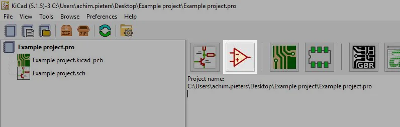 KiCad project window with an example project open
