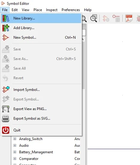 The File menu in the KiCad Symbol Editor with New Library highlighted