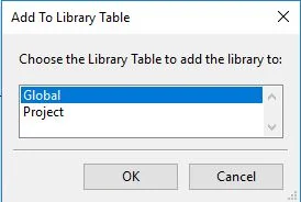 Add To Library Table dialog offering Global or Project