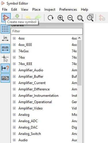 The Symbol Editor toolbar with the Create new symbol tooltip