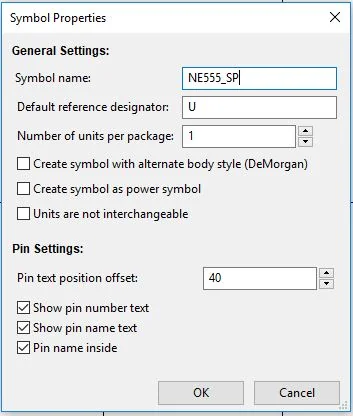 Symbol Properties dialog filled in with name NE555_SP and reference U