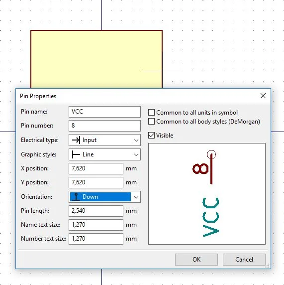 Pin Properties dialog for pin VCC with number 8, type Input and orientation Down